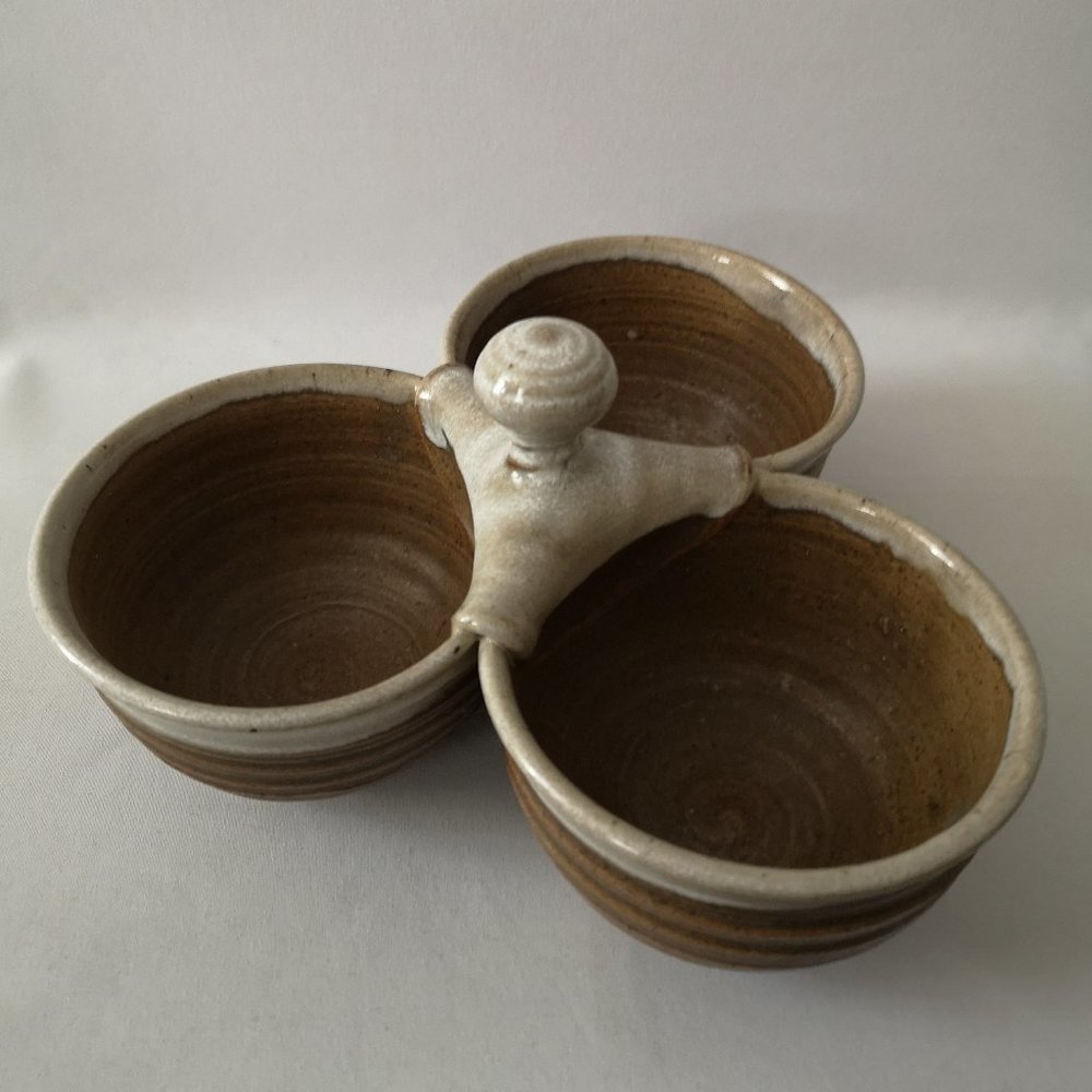 Hand-made Signed Studio Art Pottery Three Bowl Condiment Serving Dish
